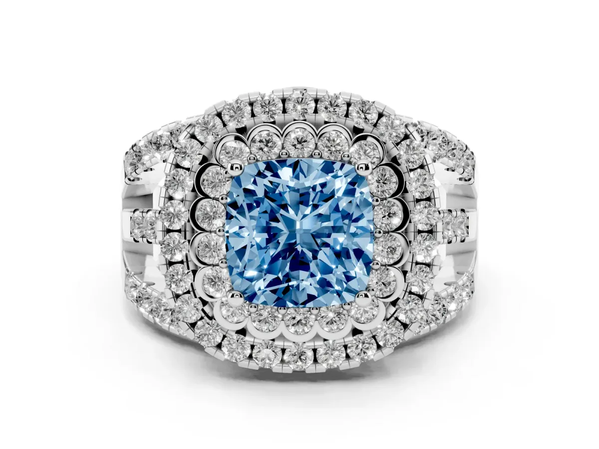 Fancy Blue Cushion Cut Diamond Double Halo Ring with Round Pavé Split Shank and Prong Setting Silver