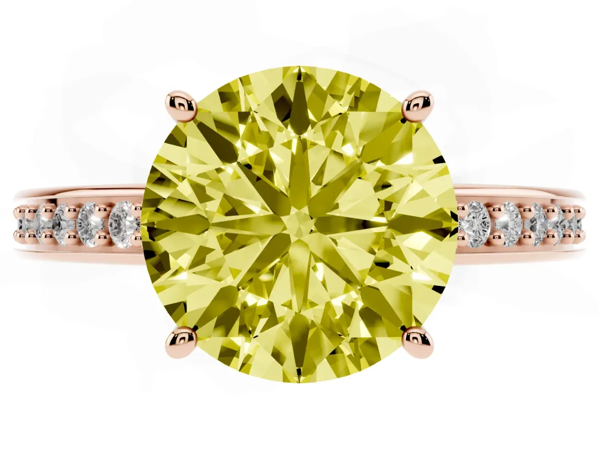 Fancy Yellow Round Cut Solitaire Pavé Band Prong Setting Ring Rose gold