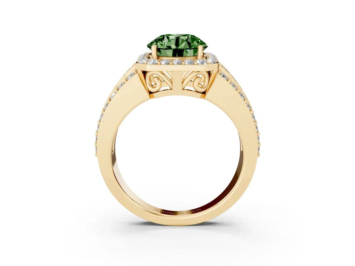 Fancy Green Round Cut Halo Diamond Ring with Round Split Shank and Prong Setting Yellow gold