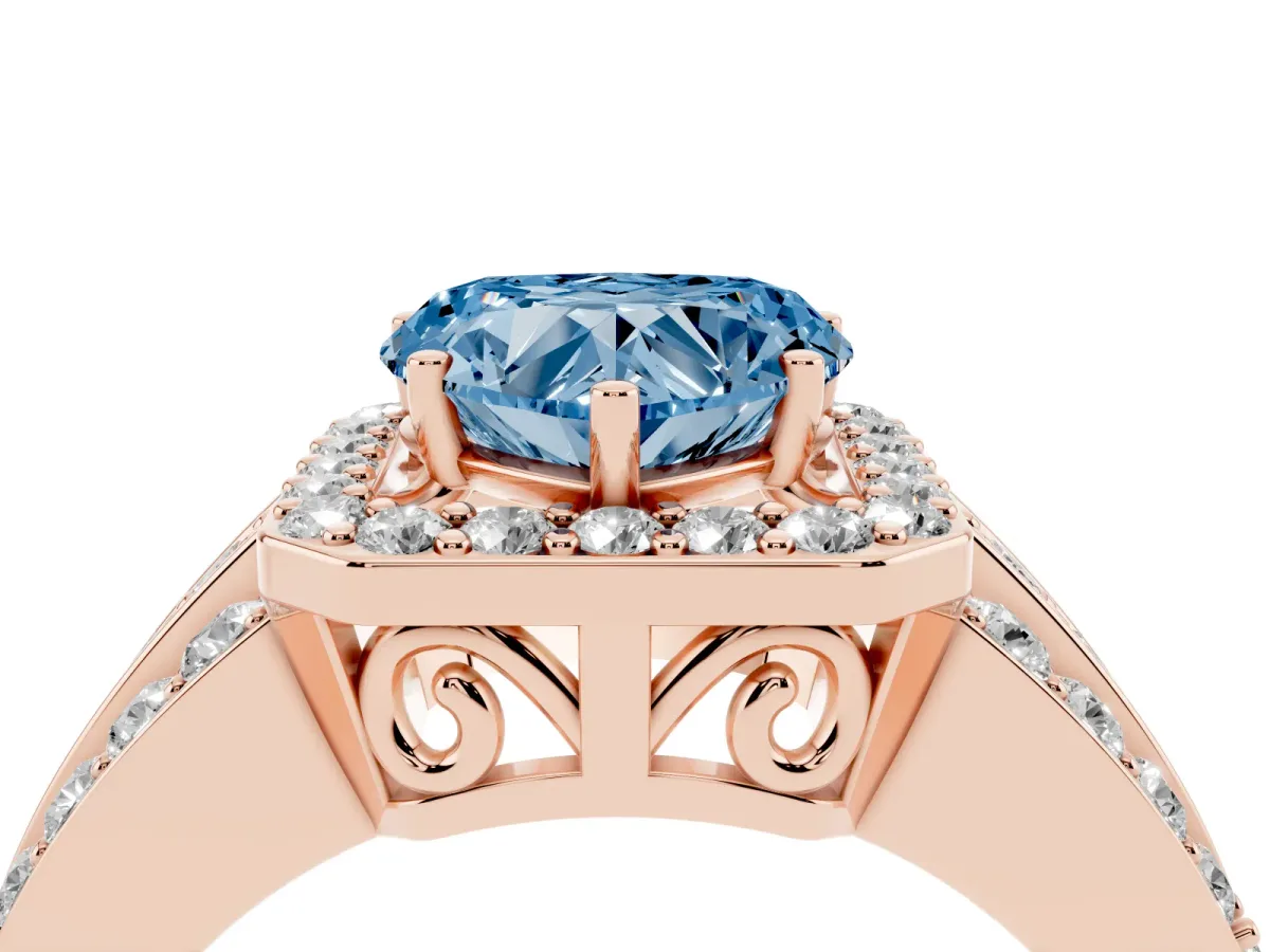 Fancy Blue Heart Cut Halo Diamond Ring with Round Split Shank and Prong Setting Rose gold