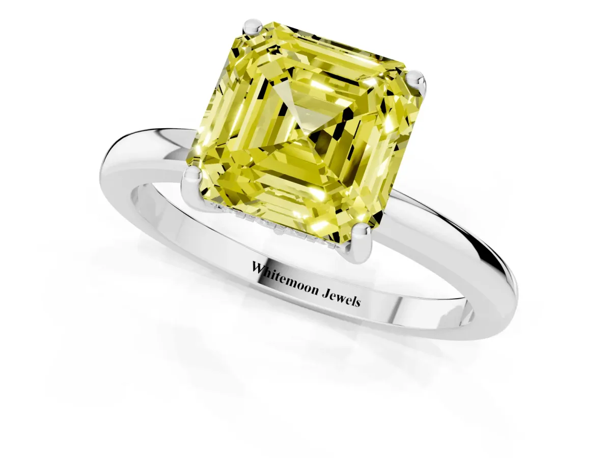 Fancy Yellow Asscher Cut Solitaire Diamond Ring with Prong Setting and Plain Band Platinum