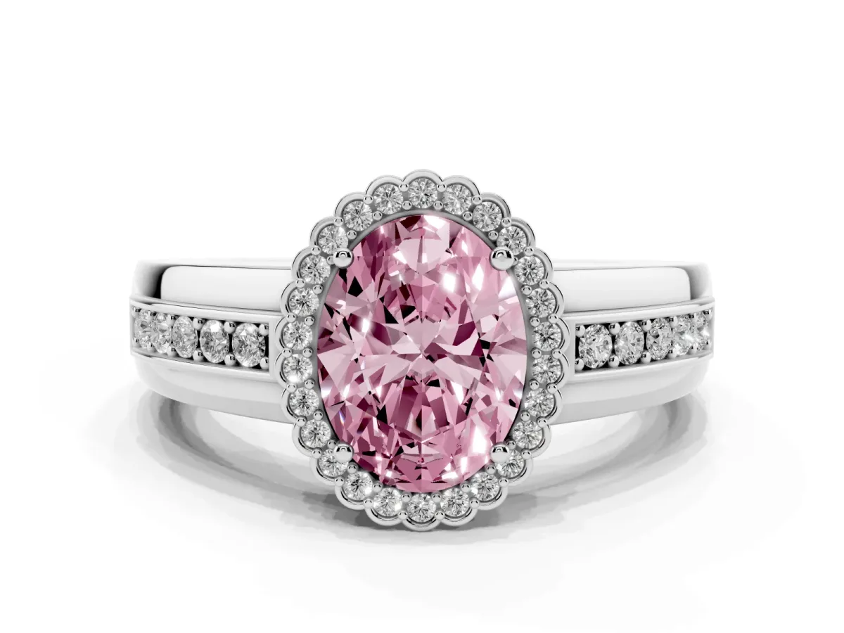 Fancy Pink Oval Cut Cut Halo Pave Band Four-Prong Ring Platinum