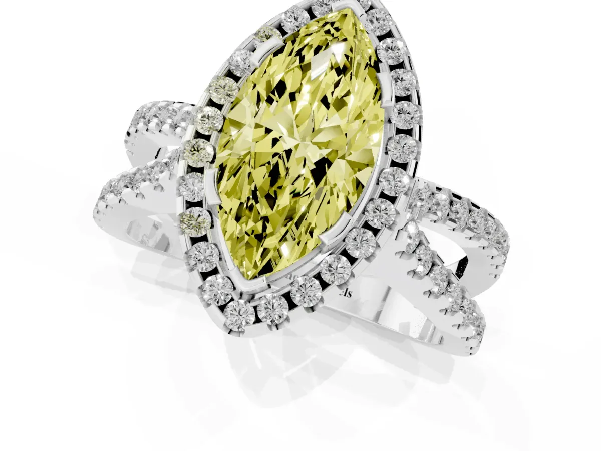Fancy Yellow Marquise Cut Diamond Halo Ring with Split Shank Pavé Band and Prong Setting Silver
