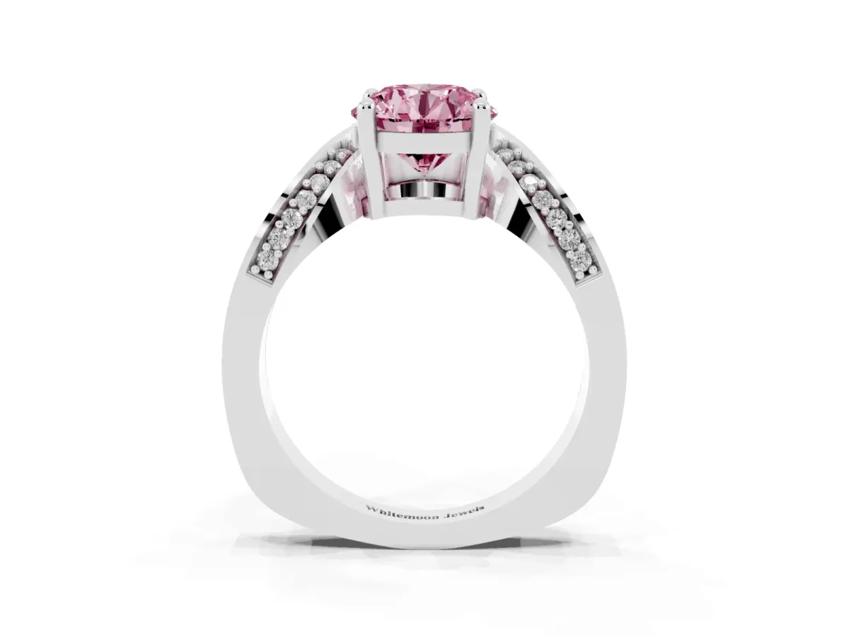 Fancy Pink Round Cut Solitaire Diamond Engagement Ring with Pave Band and Four-Prong Setting Platinum