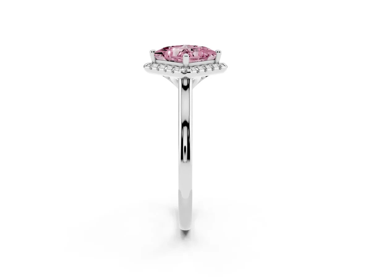 Fancy Pink Princess Cut Halo Round Diamond Solitaire Engagement Ring with Pave Band and Four-Prong Setting Platinum