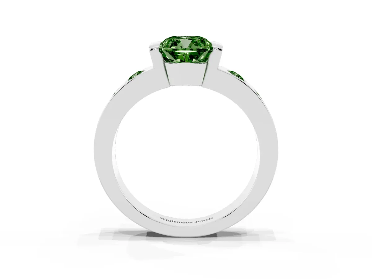 Fancy Green Cushion Cut Brilliant Channel-Set Diamond Ring with Bezel Prong Setting Silver
