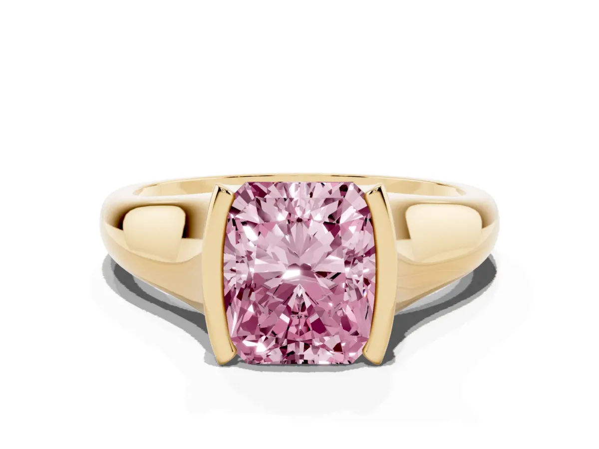 Fancy Pink Radiant Cut Solitaire Tension Set Diamond Ring with Split Shank Band Yellow gold