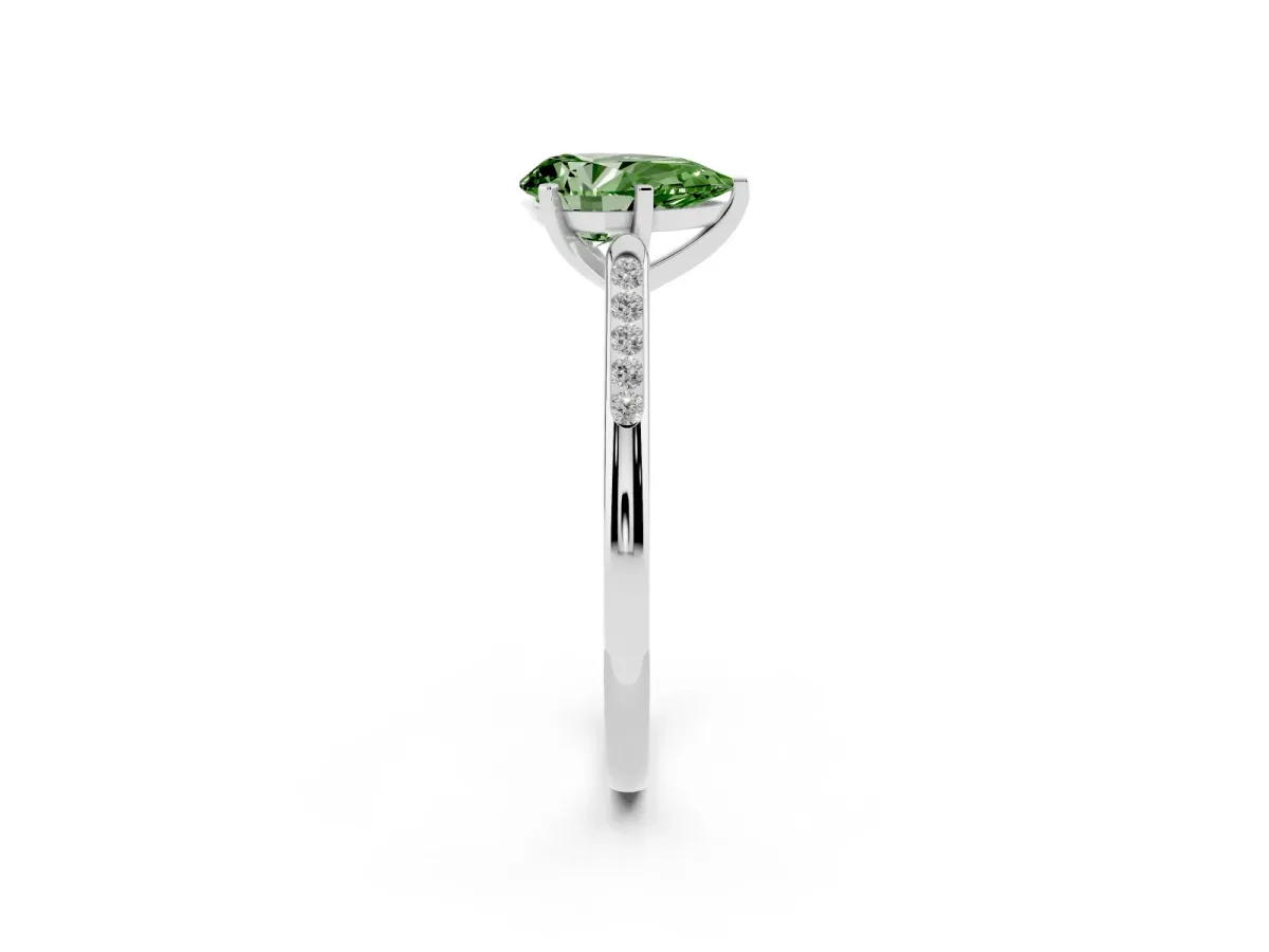 Fancy Green Pear Cut Diamond Solitaire Ring with Channel Set Round Band and Prong Setting Silver