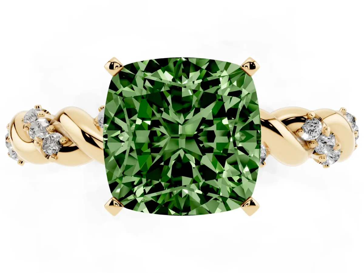 Fancy Green Cushion Cut Diamond Solitaire Ring with Twisted Band and Pavé Accents Yellow gold
