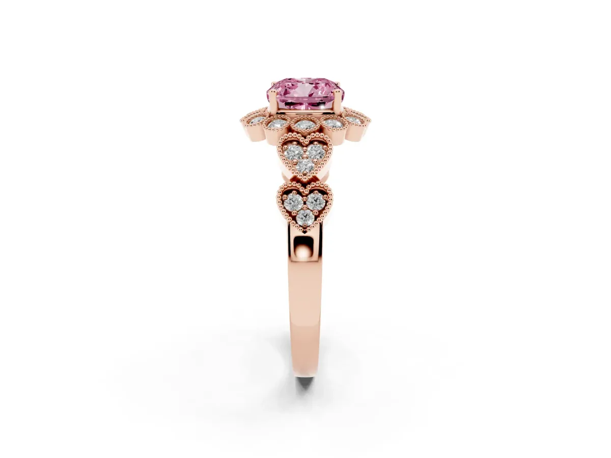 Fancy Pink Cushion Cut Brilliant Milgrain Pave Heart Band Solitaire Ring Rose gold