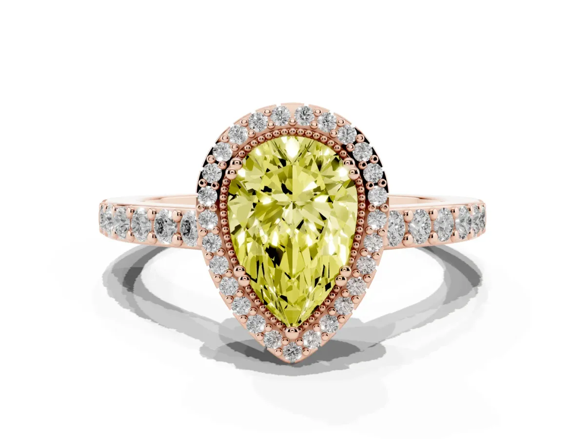 Fancy Yellow Pear Cut Cut Diamond Halo Engagement Ring with Milgrain Detail and Pavé Band Rose gold