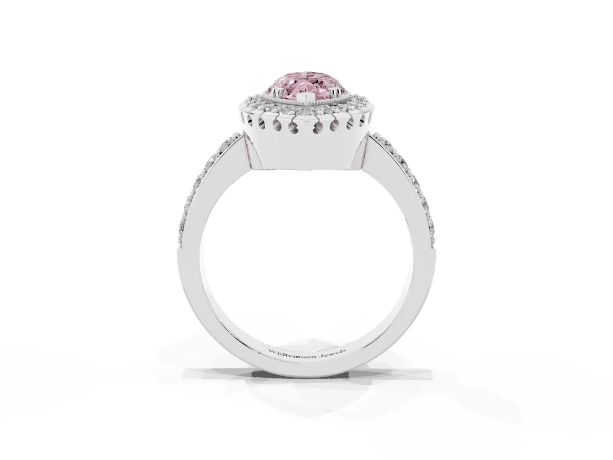 Fancy Pink Marquise Cut Diamond Halo Ring with Pavé Band and Prong Setting White gold