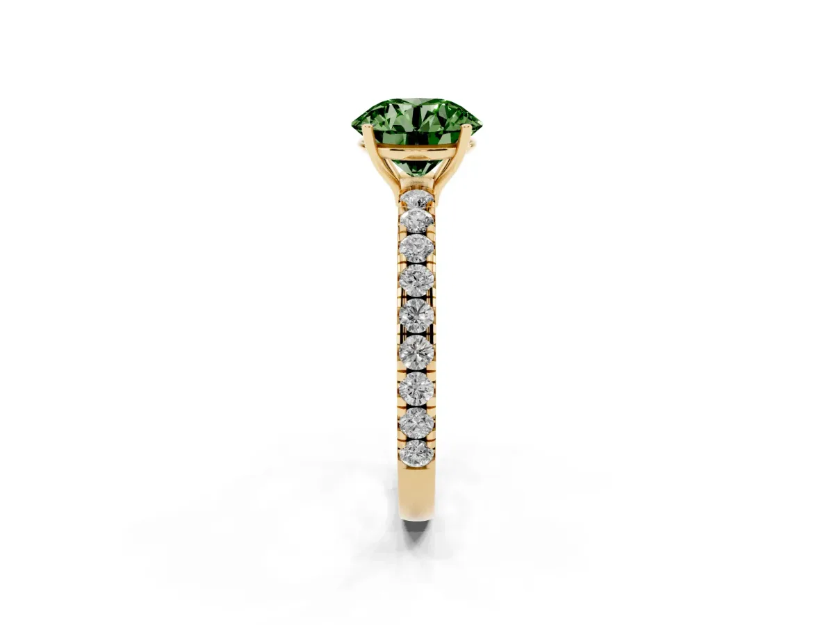 Fancy Green Round Cut Diamond Pavé Solitaire Engagement Ring with Four-Prong Setting Yellow gold