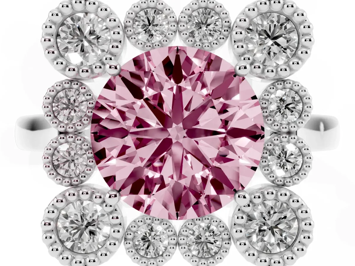 Fancy Pink Round Cut Halo Diamond Cluster Engagement Ring with Milgrain Bezel Setting and Solitaire Band Platinum