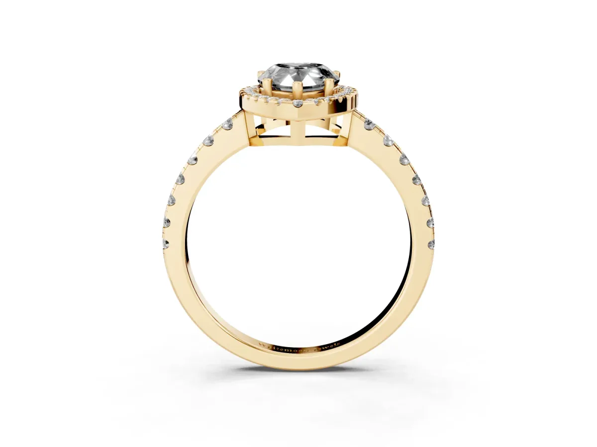 Fancy Black Pear Cut Diamond Halo Ring with Pavé Band and Four-Prong Setting Yellow gold