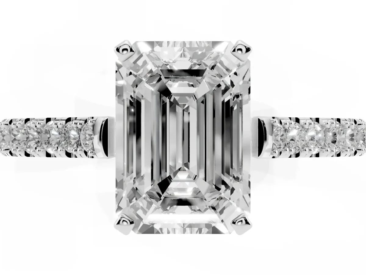 Emerald Cut Cut Solitaire Diamond Engagement Ring with Pave Band and Four-Prong Setting White gold