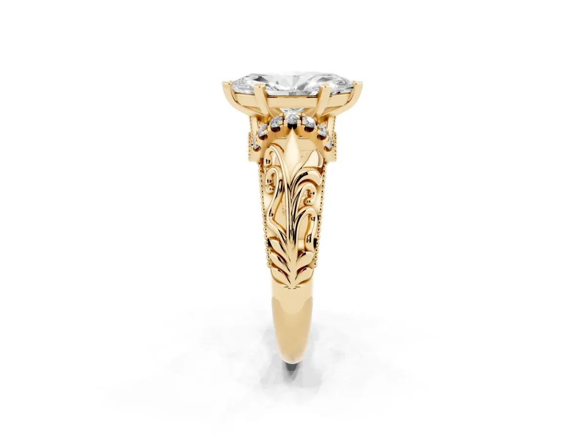 Marquise Cut Solitaire Filigree Engagement Ring with Halo and Prong Setting Yellow gold
