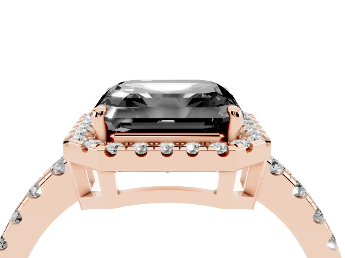 Fancy Black Asscher Cut Diamond Halo Ring with Pavé Band and Four-Prong Setting Rose gold