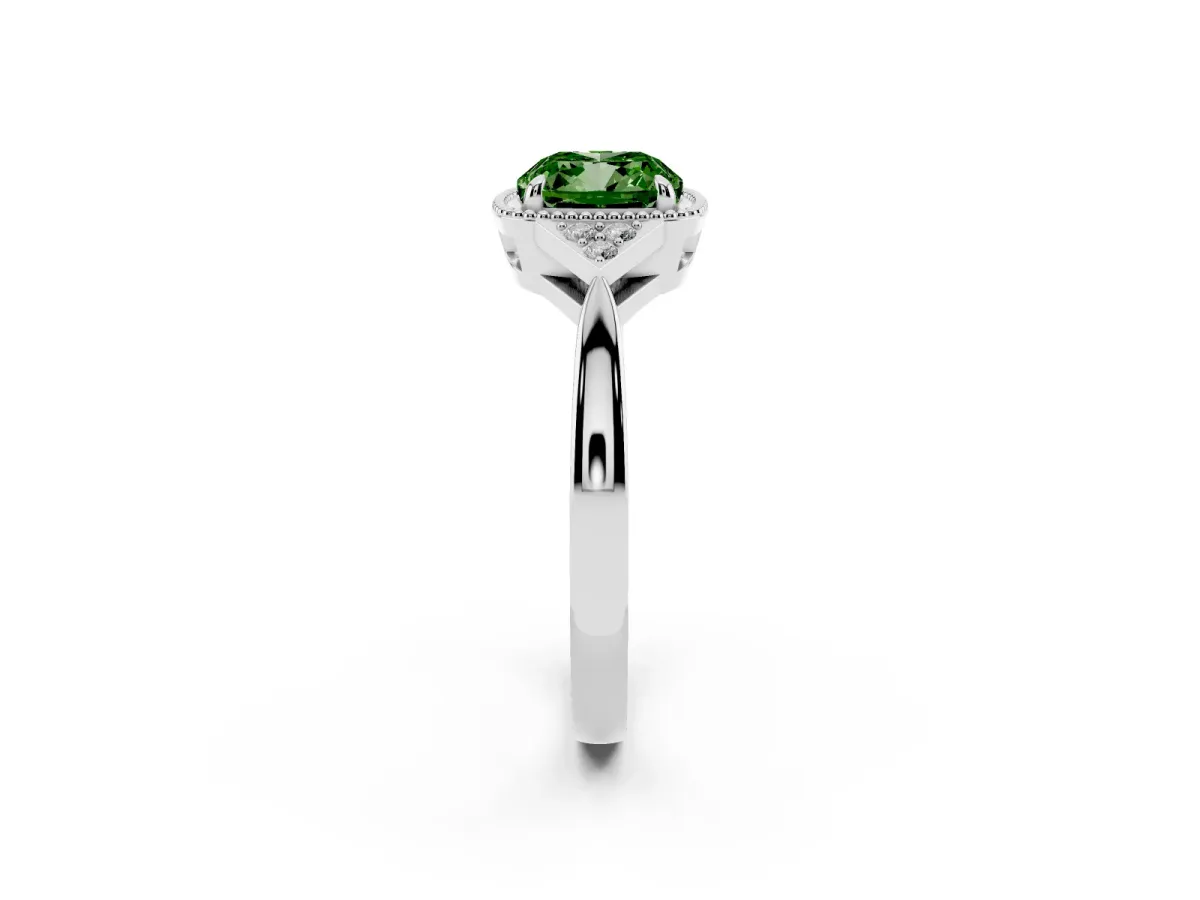 Fancy Green Cushion Cut Diamond Halo Ring with Tapered Band and Four-Prong Setting White gold