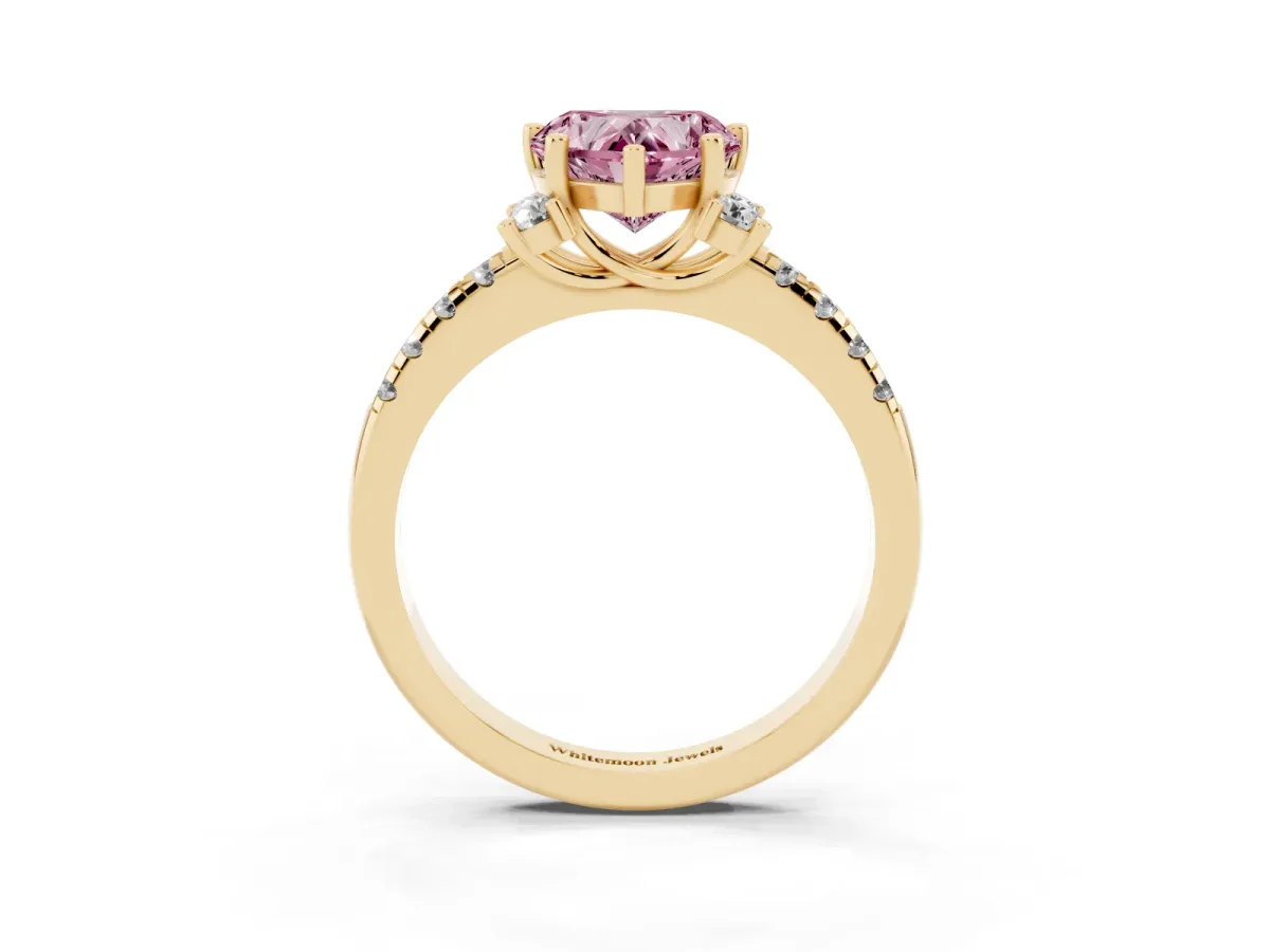 Fancy Pink Heart Cut Diamond Three-Stone Pave Band with Four-Prong Setting Yellow gold