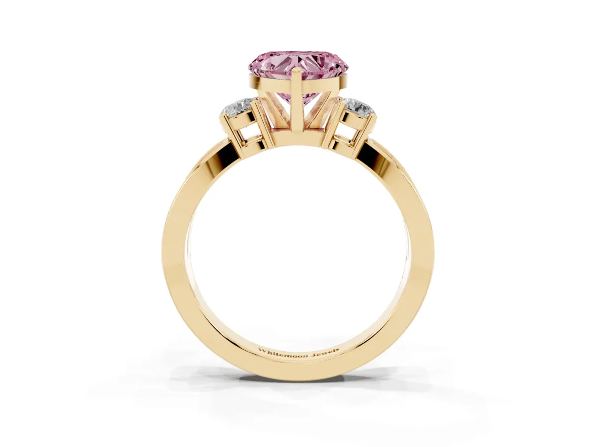 Fancy Pink Three-Stone Heart Cut Cut Diamond Twist Band with Prong Setting Yellow gold