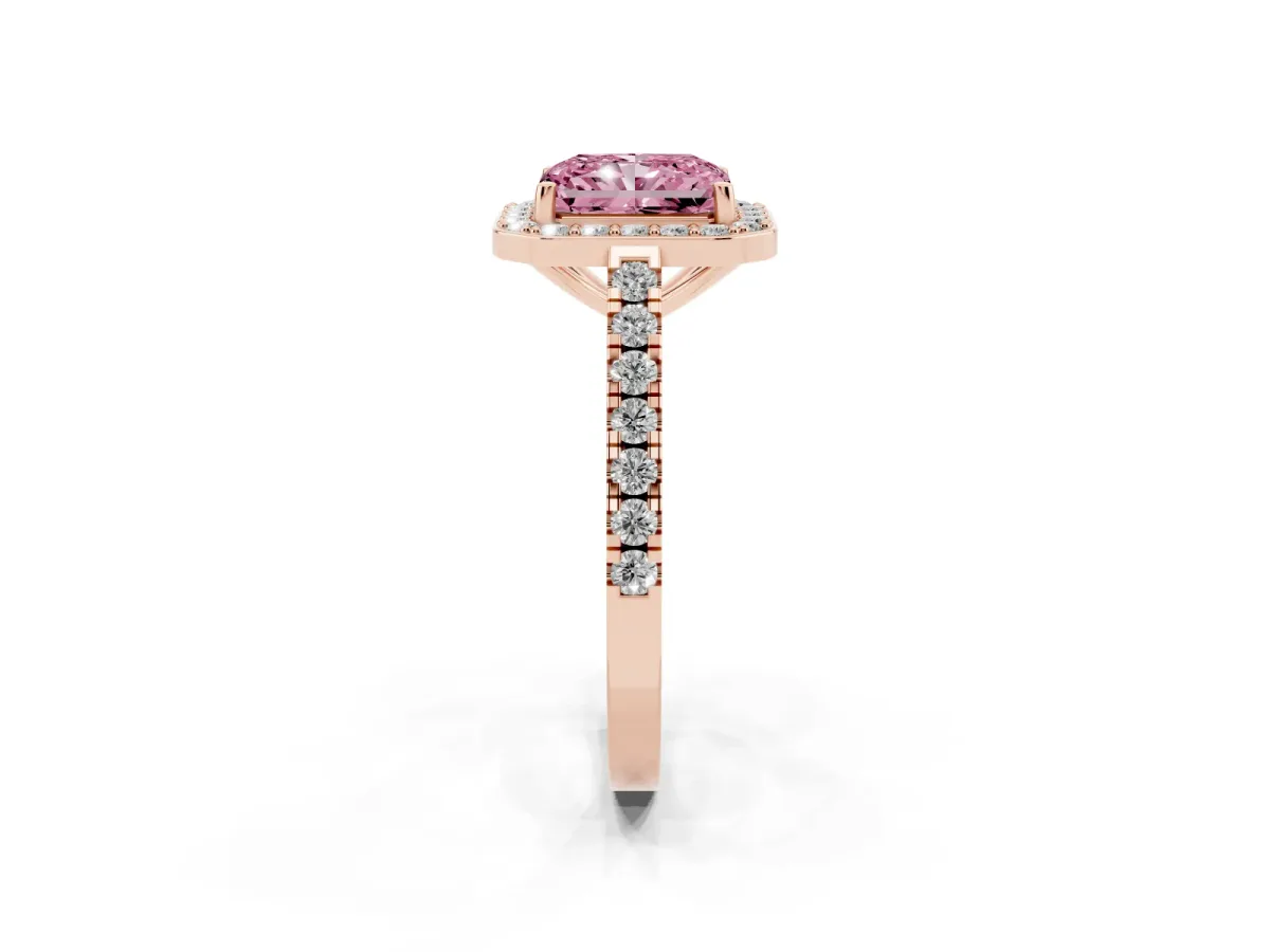 Fancy Pink Radiant Cut Diamond Halo Ring with Round Pavé Split Shank and Prong Setting Rose gold