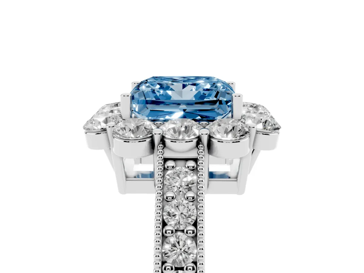 Fancy Blue Princess Cut Cut Halo Diamond Pavé Engagement Ring with Milgrain Detailing Silver
