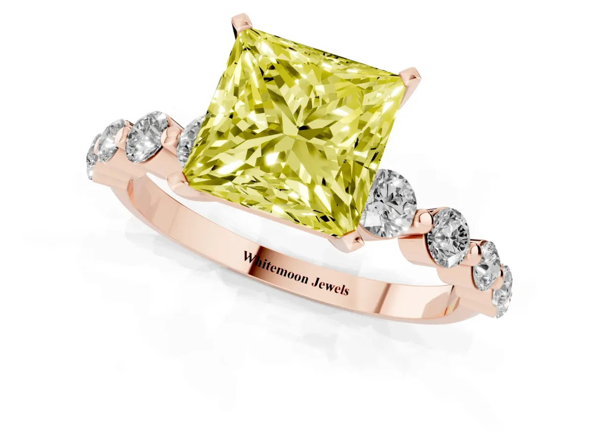 Fancy Yellow Princess Cut Solitaire Diamond Ring with Pave Band and Four-Prong Setting Rose gold