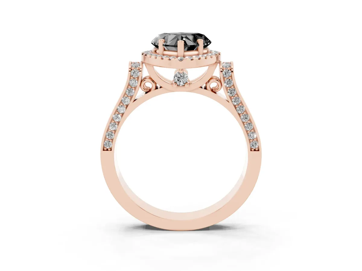 Fancy Black Heart Cut Halo Round Diamond Twist Band with Four-Prong Setting Rose gold