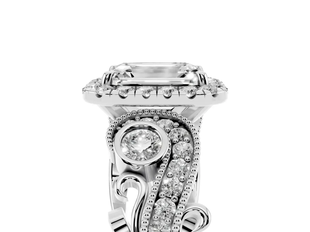 Emerald Cut Diamond Halo Ring with Milgrain Pavé Band and Four-Prong Setting White gold