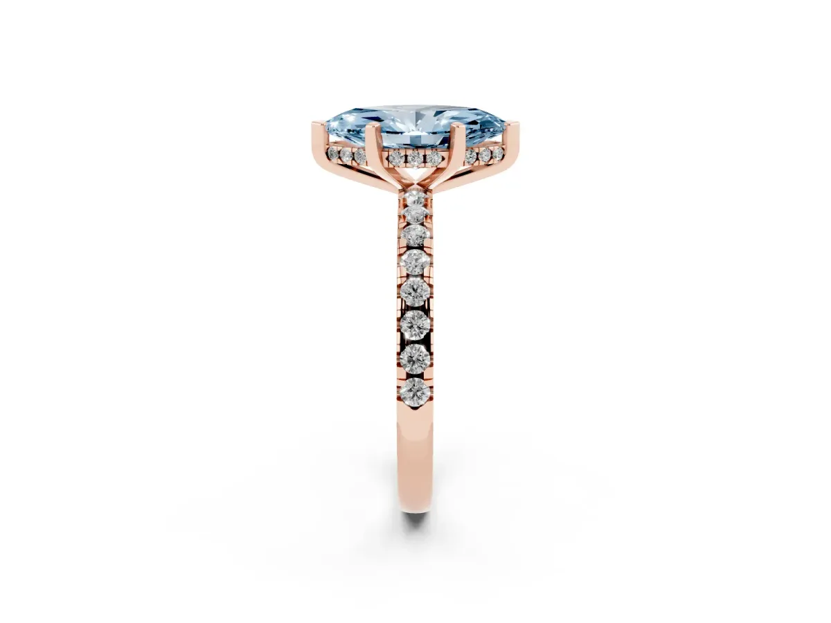 Fancy Blue Marquise Cut Diamond Solitaire Ring with Round Pavé Band and Four-Prong Setting Rose gold