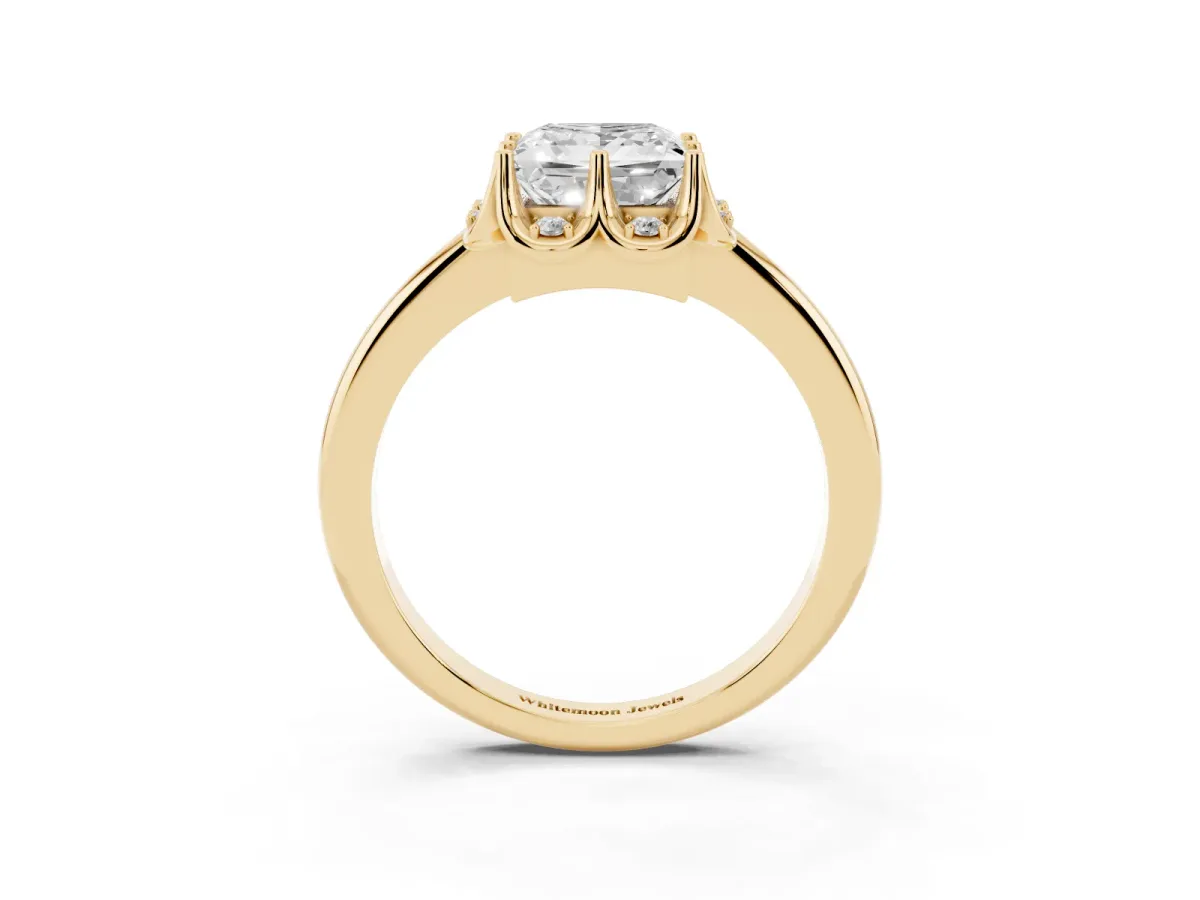 Princess Cut Halo Diamond Ring with Round Cluster Setting, Solitaire Band, and Four-Prong Setting Yellow gold