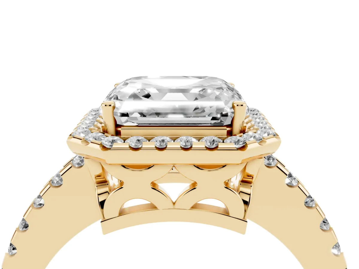 Asscher Cut Diamond Halo Engagement Ring with Pavé Band and Prong Setting Yellow gold