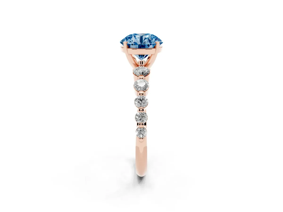 Fancy Blue Round Cut Solitaire Diamond Ring with Pave Band and Four-Prong Setting Rose gold