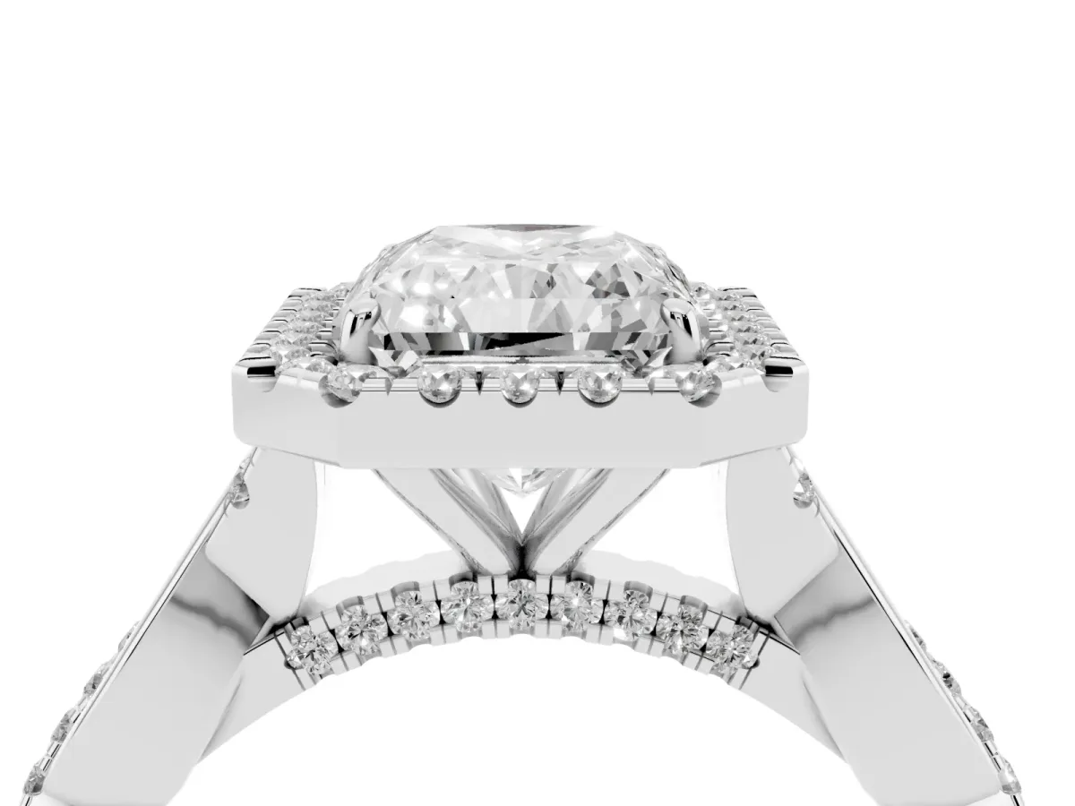 Radiant Cut Halo Twist Band Solitaire Ring Silver