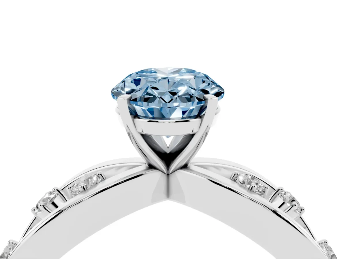 Fancy Blue Oval Cut Cut Solitaire Diamond with Side Stones on Criss-Cross Band and Four-Prong Setting Silver