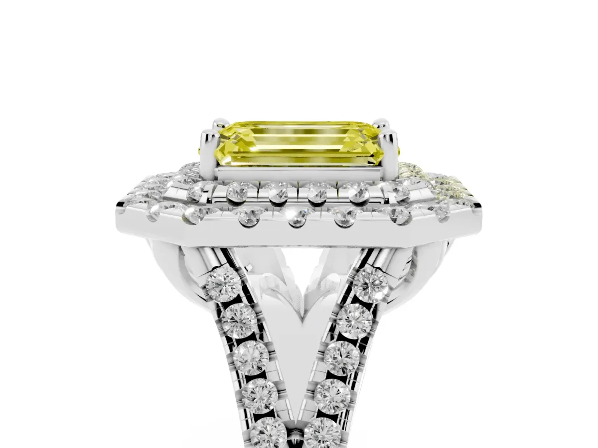 Fancy Yellow Double Halo Emerald Cut Diamond Pavé Split Shank Ring with Prong Setting White gold