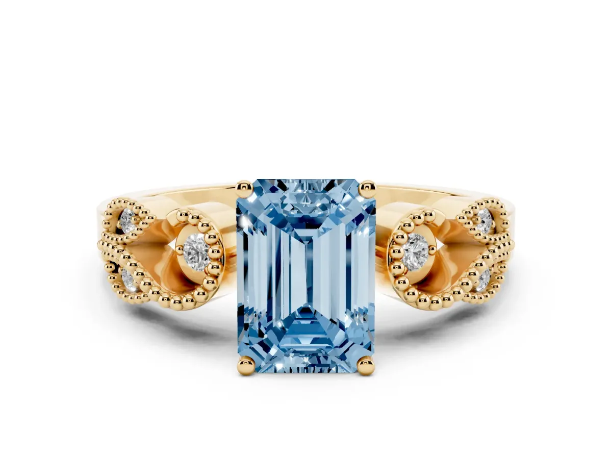 Fancy Blue Emerald Cut Solitaire Milgrain Leaf Band with Prong Setting Yellow gold