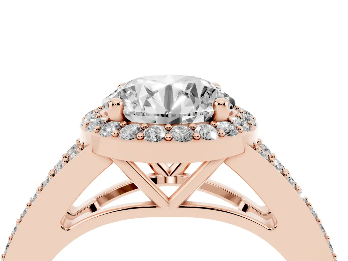 Round Cut Halo Split Shank Diamond Ring with Prong Setting Rose gold