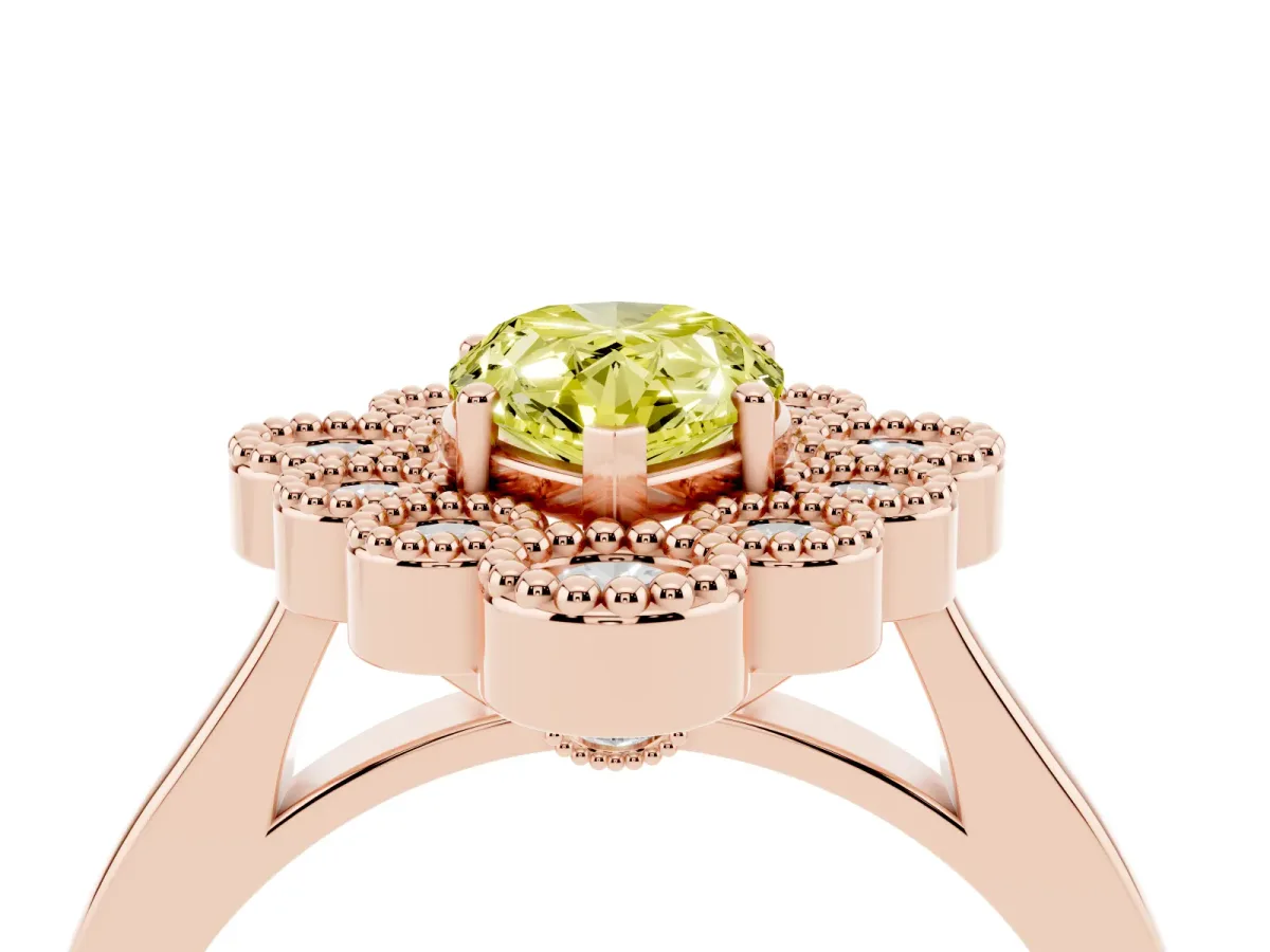 Fancy Yellow Pear Cut Halo Diamond Cluster Engagement Ring with Milgrain Bezel Setting and Solitaire Band Rose gold