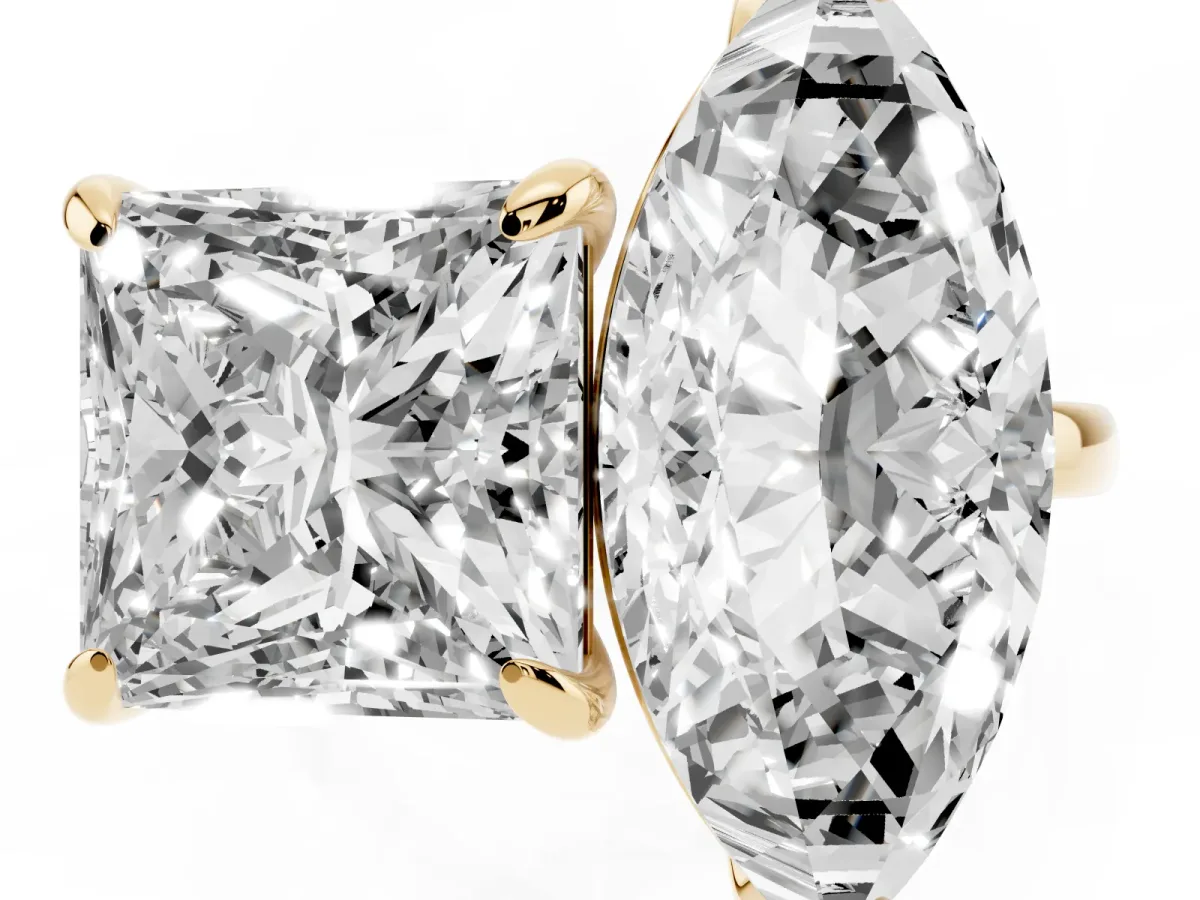 Marquise and Princess Toi Moi Ring with Prong Setting and Plain Band Yellow gold