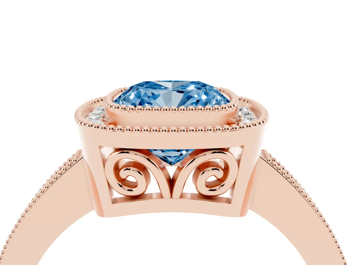 Fancy Blue Cushion Cut Cut Halo Diamond Ring with Pavé Band and Milgrain Prong Setting Rose gold