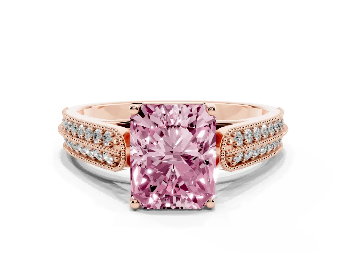 Fancy Pink Radiant Cut Cut Pave Split Shank Engagement Ring with Four-Prong Setting Rose gold