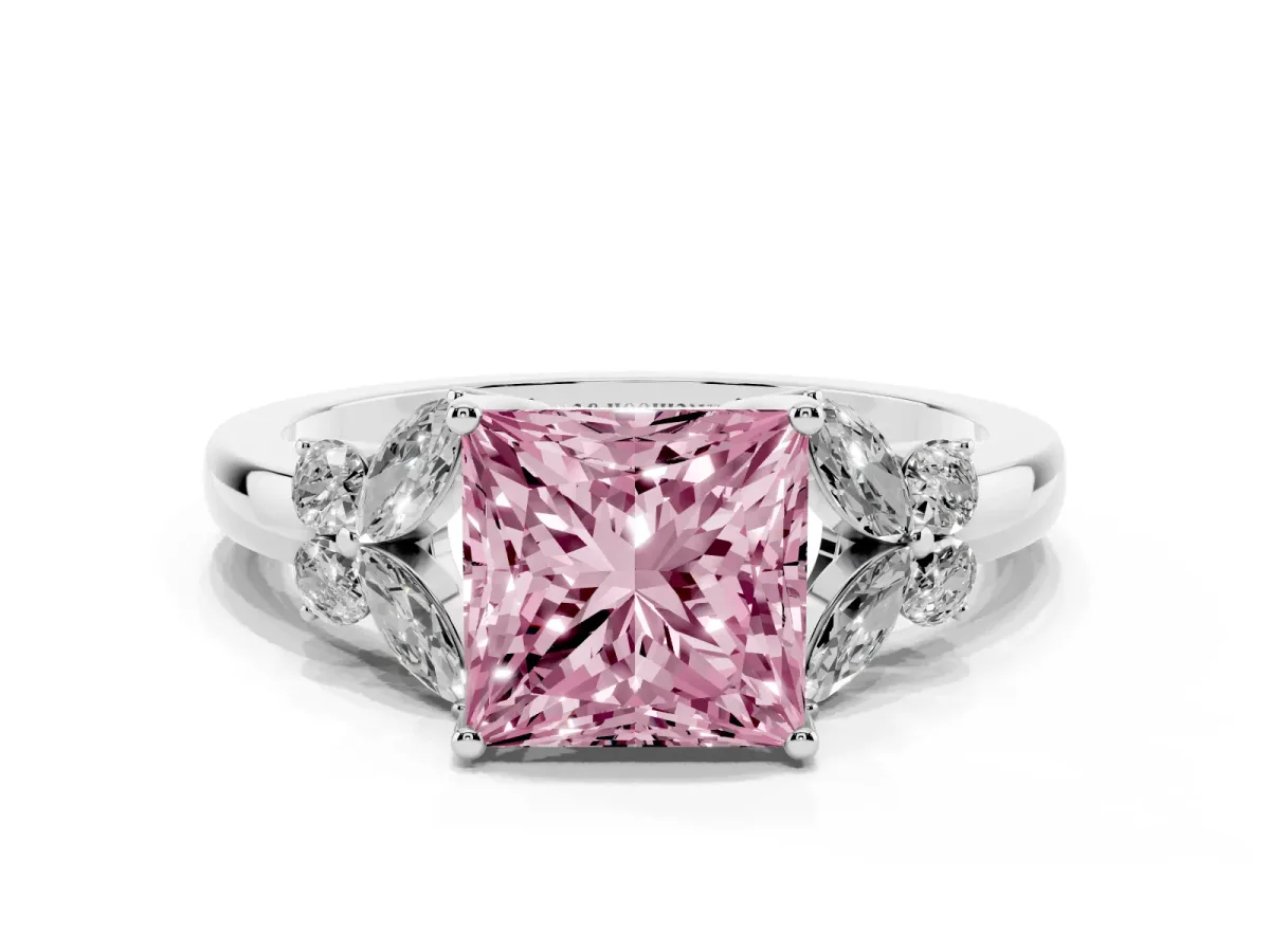 Fancy Pink Princess Cut Cut Solitaire Floral Diamond Ring with Four-Prong Setting Silver
