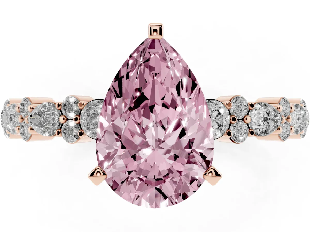 Fancy Pink Pear Cut Diamond Side Stone Solitaire Ring with Round and Four-Prong Setting Rose gold