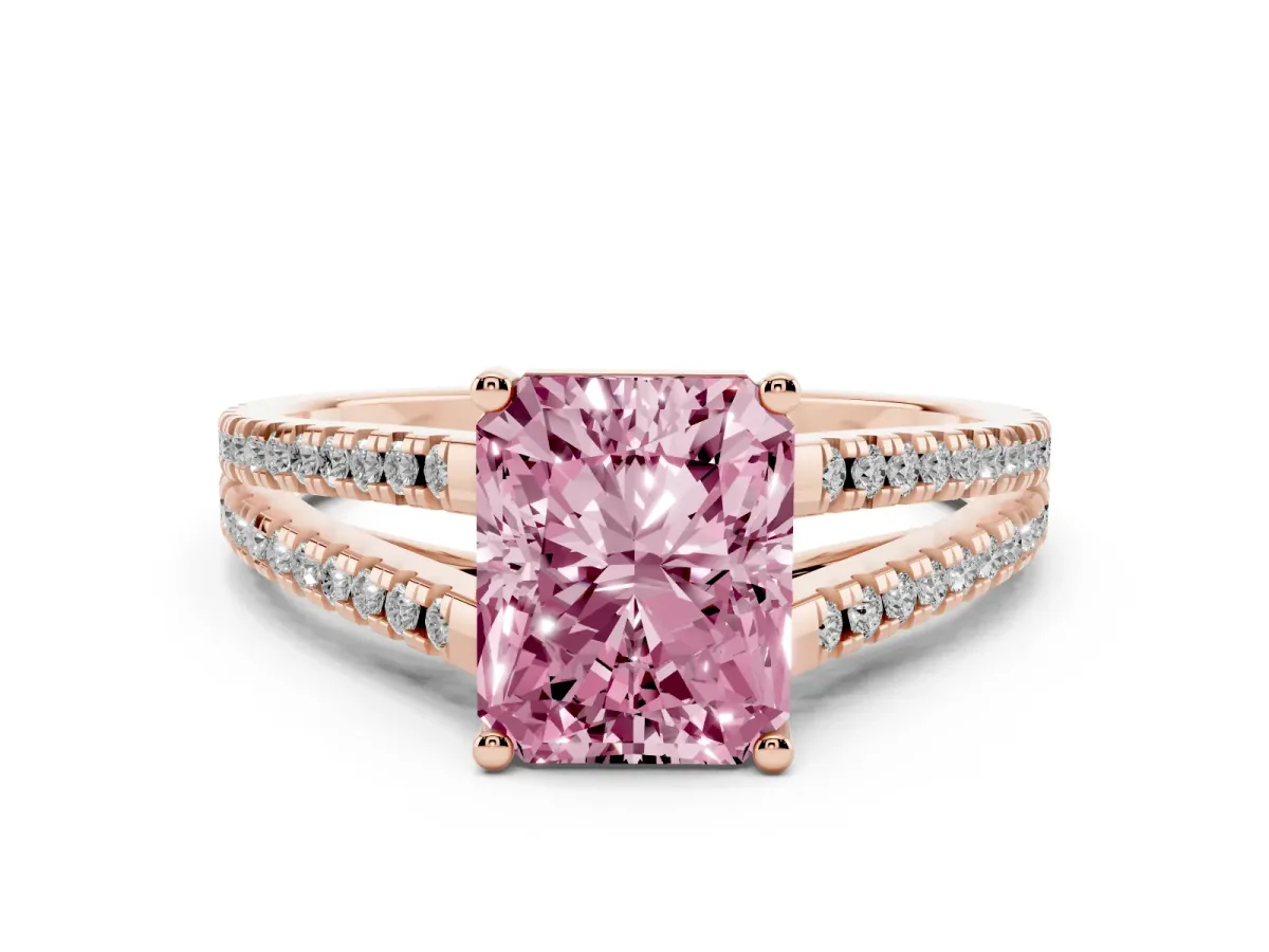 Fancy Pink Radiant Cut Diamond Solitaire Engagement Ring with Split Shank Pavé Band Rose gold