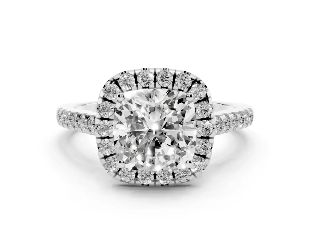 Cushion Cut Halo Pavé Diamond Engagement Ring with Four-Prong Setting Platinum