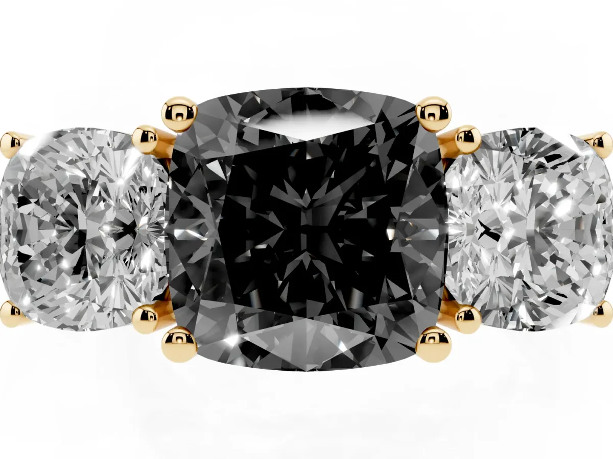 Fancy Black Three-Stone Cushion Cut Cut Diamond Engagement Ring with Flat Band and Four-Prong Setting Yellow gold