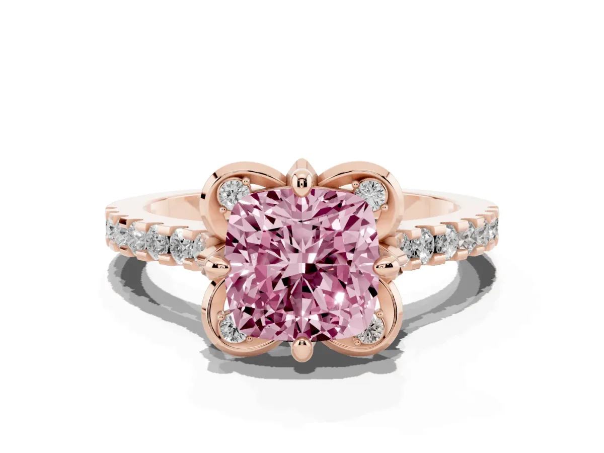 Fancy Pink Cushion Cut Diamond Ring with Pavé Band and Floral Prong Setting Rose gold
