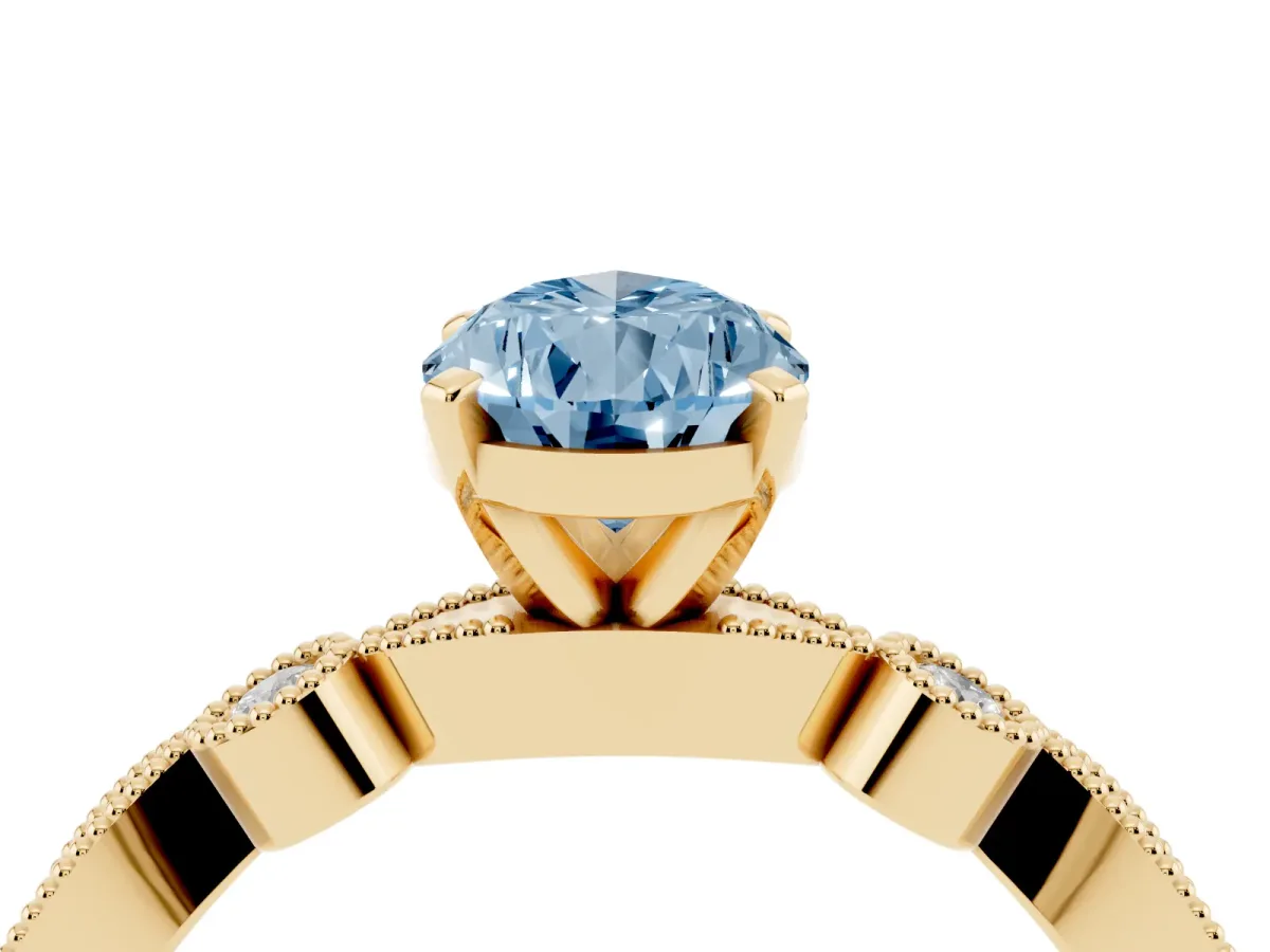 Fancy Blue Pear Cut Milgrain Bezel Diamond Engagement Ring with Solitaire Prong Setting Yellow gold